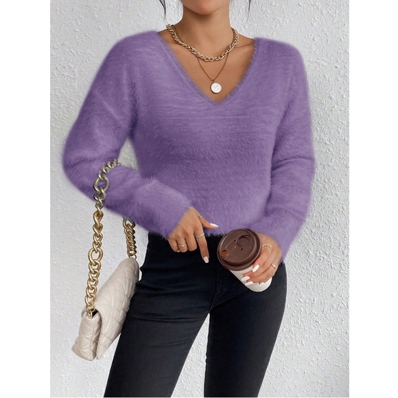 Purple Fuzzy V-Neck Pullover Knit Sweater Long Sleeve - Picture 3 of 7
